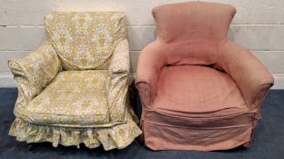 ONE VICTORIAN AND ONE EDWARDIAN ARMCHAIR, the Victorian chair with a curved backrest, raised on