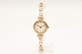 A 9CT GOLD WRISTWATCH, hand wound movement, round dial, Arabic numerals, yellow gold case,