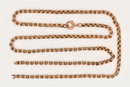 A YELLOW METAL CHAIN, a yellow metal AF belcher link chain, fitted with a spring clasp, clasp