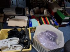 FIVE BOXES AND LOOSE OF WOMANS CLOTHES AND ACCESSORIES to include a hat box containing three hats, a