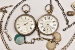 TWO OPEN FACE POCKET WATCHES WITH ALBERT CHAINS, to include a silver key wound, open face pocket