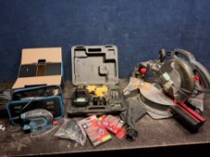 A DeWALT DW963 12V DRILL with charger, two batteries and case, a Performance Power compound mitre