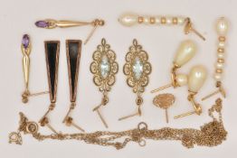 AN ASSORTMENT OF 9CT GOLD AND YELLOW METAL EARRINGS/CHAINS, to include five pairs of earrings and
