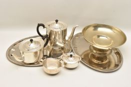 A BOX OF ASSORTED WHITE METAL WARE, to include two oval trays, a matching epns teapot and coffee