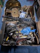 TWO BOXES OF DECORATIVE & HOUSEHOLD METAL WARE to include a box containing vintage kitchen cutlery