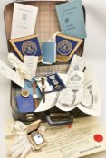 A BRIEFCASE WITH MASONIC REGALIA, to include a cased Masonic medal with ribbon, the square is