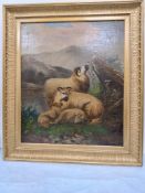 JOHN W. MORRIS (1865-1924) RESTING SHEEP, a Highland landscape with sheep, having a loch and hills