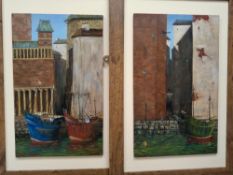 TIM BENNETT (CONTEMPORARY) 'BELLA & PHOEBE', two stylised fishing boats are moored before historic