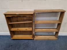 TWO PINE OPEN BOOKCASES Dimensions:deepest bookcase width 85cm x depth 29cm x height 101cm Qty: 2