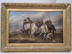 'THE DEER STALKERS RETURN' AFTER LANDSEER, a depiction of Scottish figures with horses, deer and