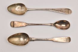 THREE SILVER SPOONS, to include two teaspoons and a fiddle pattern sauce spoon, all have
