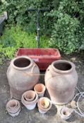 TWO TERRACOTTA RHUBARB FORCERS 46cm high (damaged) a collection of small terracotta plant pots and a
