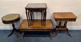 FOUR PIECES OF REPRODUCTION OCCASIONAL FURNITURE, to include a table with two drawers, raised on