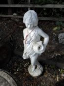 A LARGE CONCRETE GARDEN FIGURE, in the form of a scantily clad lady carrying water ewers with spouts