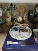 A GROUP OF HOUSEHOLD CERAMIC, GLASS AND STONE WARE ITEMS, to include a Dresden style ceramic four