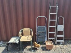 THREE VARIOUS STEP LADDERS, a terracotta plant pot, a set of four stackable garden chairs, two