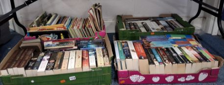 FOUR BOXES OF BOOKS, approximately ninety titles in hardback and paperback formats, subjects to