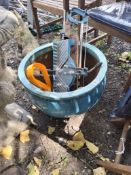 A LARGE BLUE/GREEN GLAZED PLANT POT 52cm in diameter and some tools