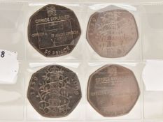 2x 2009 QEII Kew Gardens 50p coins and 2x 2011 Olympic Football offside rule 50p coins all