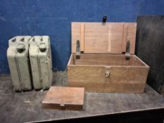 TWO TWENTY LITRE 'JERRY' CANS AND TWO WOODEN BOXES, one containing a trolley jack with handle Qty: