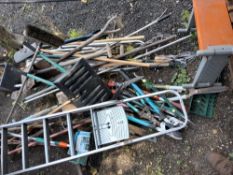 A COLLECTION OF GARDEN TOOLS AND A STEP LADDER, including loppers, clippers, etc