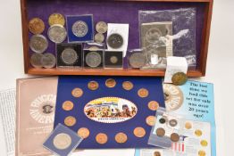 A tray containing an interesting mixed lot of coins, Medallions, commemoratives, and 2 early,
