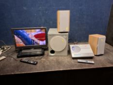 A COLLECTION OF AUDIO VISUAL EQUIPMENT including a Sanyo LE19L TV with remote, a Samsung DVD player,