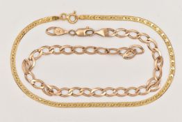 TWO 9CT GOLD BRACELETS, the first a rose gold curb link chain fitted with a lobster clasp,