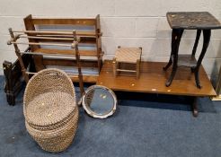 A SELECTION OF OCCASIONAL FURNITURE, to include a coffee table, a carved table, a rush seated stool,