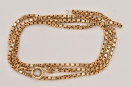 A 9CT GOLD BOX LINK CHAIN, AF broken will require attention, fitted with a spring clasp,