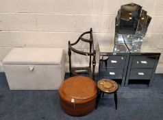 A PAIR OF MODERN MIRRORED TWO DRAWER BEDSIDES, a dressing mirror, a corner stand, an ottoman, a