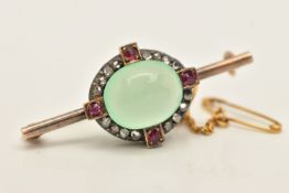 A VICTORIAN GEM SET BROOCH, cluster form set with a light green chalcedony cabochon, within a