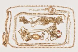 AN ASSORTMENT OF CHAINS, AF, tangled, broken require attention, stamps or marks for 9ct gold, one