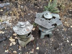 A MODERN CONCRETE PAGODA GARDEN ORNAMENT constructed in 3 pieces, 48cm high and a similar plastic