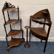 A 19TH CENTURY FOUR TIER WHAT-NOT with four graduated shelves, raised on spiral supports, a corner