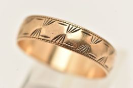 A 9CT GOLD TEXTURED WIDE BAND RING, approximate band width 5.6mm, hallmarked 9ct London, ring size T
