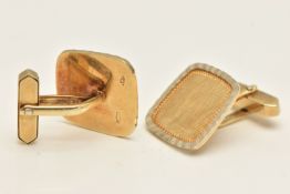 A PAIR OF YELLOW METAL CUFFLINKS, each designed as a square form with yellow metal engine turned
