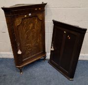 TWO CORNER CUPBOARDS, each with a single cupboard door, one raised on cabriole legs Dimensions:
