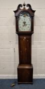 A GEORGIAN MAHOGANY 30-HOUR LONGCASE CLOCK, with twin swan-neck pediments flanking a brass finial,