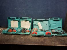 A COLLECTION OF MAKITA POWER TOOLS including a 4304T 240v jigsaw in case, an 8390D 18v percussion