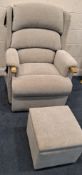 A HSL GRANDE BEIGE UPHOLSTERED ELECTRIC RISE AND RECLINE ARMCHAIR, along with a footstool