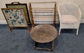 A SELECTION OF OCCASIONAL FURNITURE, to include a white painted wicker chair, a towel rail, a table,