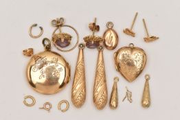 AN ASSORTMENT OF JEWELLERY, to include a pair of 9ct gold amethyst set stud earrings with post and