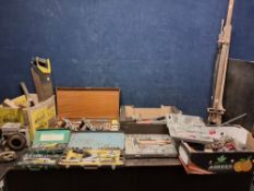 THREE TRAYS AND A BOX CONTAINING TOOLS, including a Rotostock pipe clamp, a pipe cutter, two sash
