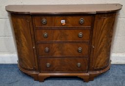 A REPRODUCTION MAHOGANY BREAKFRONT SIDEBOARD, fitted with two cupboard doors, flanking four