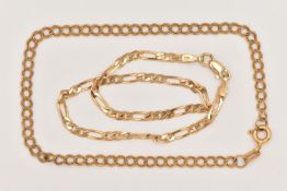 TWO 9CT GOLD FINE BRACELETS, to include a double curb link bracelet fitted with a spring clasp,