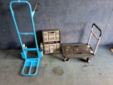 A FINETHER FOLDING TROLLEY with a folding box and a step sack truck with six wheels Qty: 3