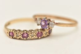 TWO 9CT GOLD GEM SET RINGS, the first set with an amethyst flanked with two small diamonds, ring