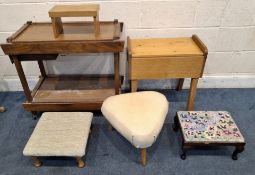 A TWO TIER TROLLEY, a storage box, along with four stools Qty: 6 Condition Report:Trolley missing