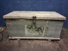 A VINTAGE PINE TOOLCHEST CONTAINING TOOLS including a jack, spanners, pliers, etc, box 93x43x44cm